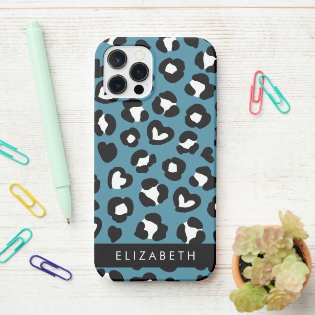 Funda Para iPhone Impresión animal, Leopardo azul, corazón, tu nombr (En el escritorio)