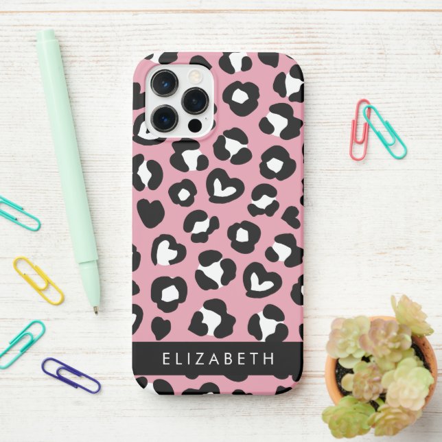 Funda Para iPhone Impresión animal, Leopardo rosa, corazón, tu nombr (En el escritorio)