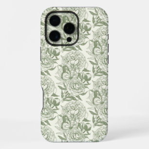 Funda Para iPhone 16 Pro Max Impresión en bloque de peonías y mariposas, verde