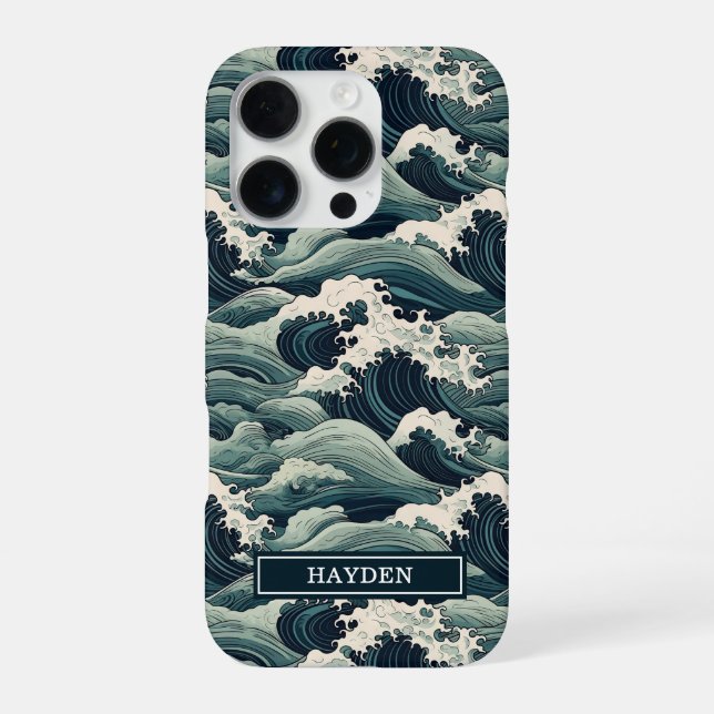 Funda Para iPhone Impreso de Olas Japonesas con Monograma (Reverso)