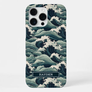 Funda Para iPhone 16 Pro Max Impreso de Olas Japonesas con Monograma