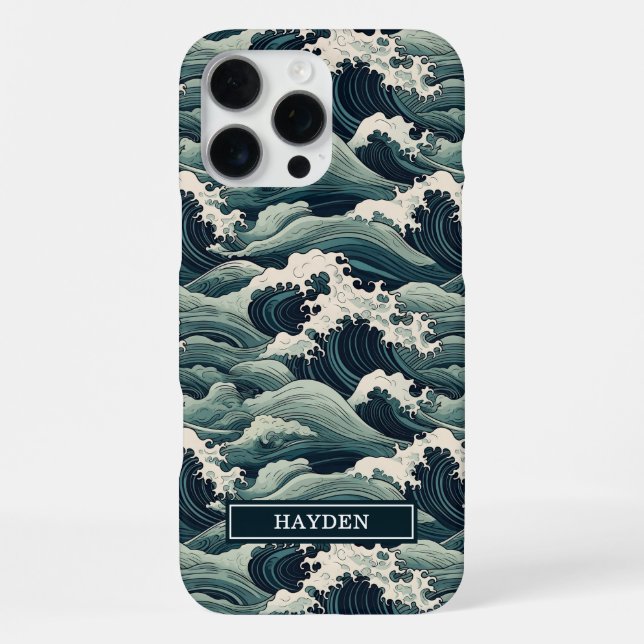 Funda Para iPhone Impreso de Olas Japonesas con Monograma (Reverso )