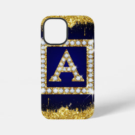 Funda Para iPhone 12 Mini Inicial A con Monograma Dorado y Brillo Azul