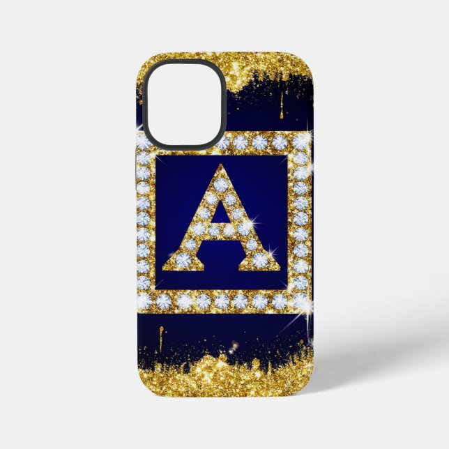 Funda Para iPhone Inicial A con Monograma Dorado y Brillo Azul (Reverso )