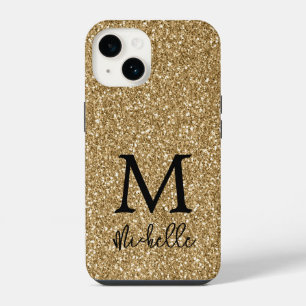 Funda Para iPhone 14 Inicial del nombre con monograma de purpurina dora
