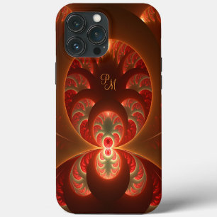 Funda Para iPhone 13 Pro Max Iniciales de arte fractal abstracto naranja rojo l