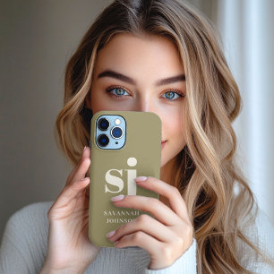 Funda Para iPhone 13 Pro Max Iniciales de monograma en verde oliva elegante