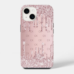 Funda Para iPhone 14 Iniciales de monograma rosa polvoriento con gotas