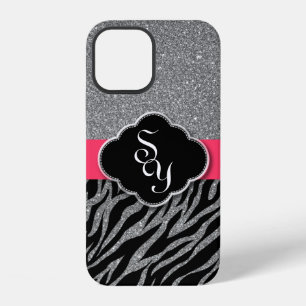Funda Para iPhone 12 Iniciales del patrón de cebra Purpurina de plata r