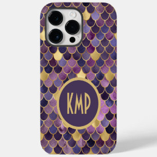 Funda Para iPhone 14 Pro Max Iniciales Monograma Escamas de Sirena Morado Dorad