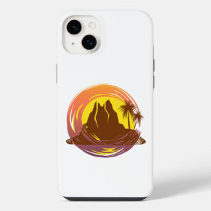 Funda Para iPhone 14 Plus Insígnia con paisaje de volcán tropical y palmeras
