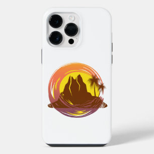 Funda Para iPhone 14 Pro Max Insígnia con paisaje de volcán tropical y palmeras