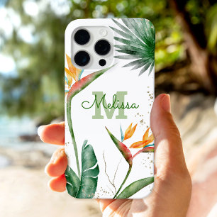 Funda Para iPhone 16 Pro Max Isla Tropical Monograma Floral Guión Dorado Blanco