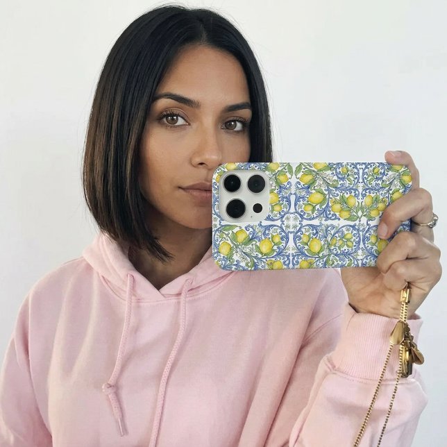 Funda Para iPhone Italian Mediterranean Blue Tile Lemon Pattern (Italian Mediterranean Blue Tile Lemon Pattern iPhone 15 Pro Case)
