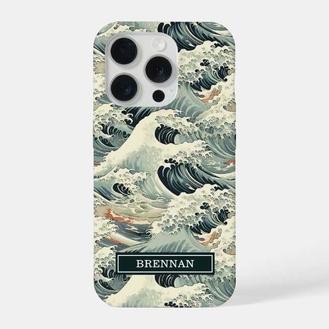 Funda Para iPhone Japanese Wave Pattern Monogrammed (Reverso )