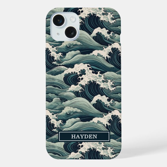 Funda Para iPhone Japanese Waves Print Monogrammed (Reverso )