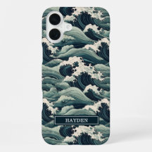 Japanese Waves Print Monogrammed