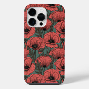 Funda Para iPhone 14 Pro Max Jardín de amapolas en coral, marrón y verde pino