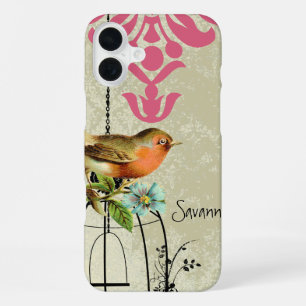 Funda Para iPhone 16 Plus Jaula de pájaros de damasco de pájaros de amor vin