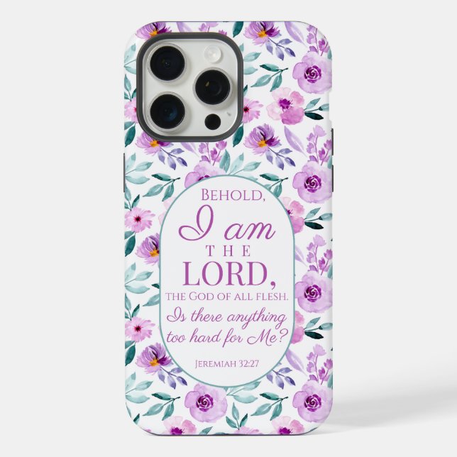 Funda Para iPhone Jeremías 32:27 con fondo de flores moradas (Reverso )