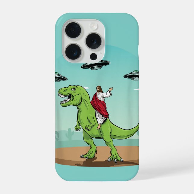 Funda Para iPhone Jesús montando un dinosaurio OVNI alien cristiano (Reverso )