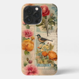 Funda Para iPhone 13 Pro Junk Journal Seite mit Blumen + Vögel - 
