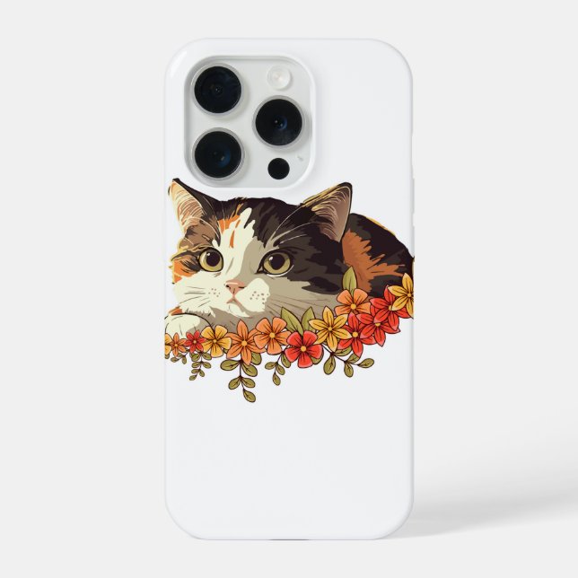 Funda Para iPhone Kawaii Calico Cat Floral Peeking Art (Reverso )