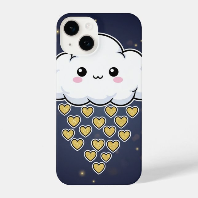 Funda Para iPhone Kawaii Happy Cloud Gold Hearts Blue (Reverso )