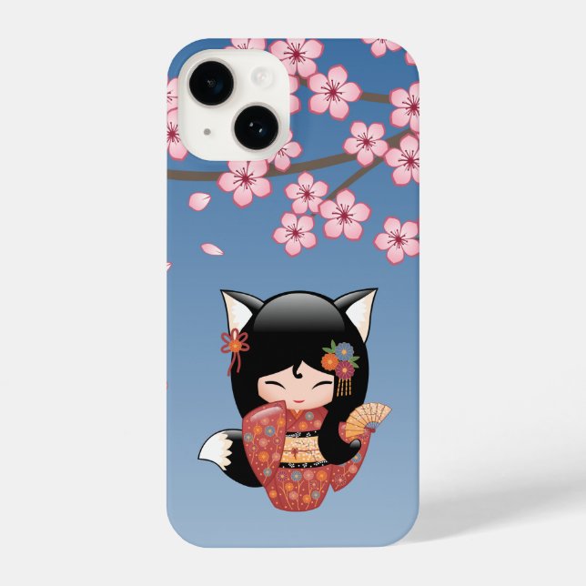 Funda Para iPhone Kitsune Kokeshi Doll - Chica negro Fox Geisha (Reverso )