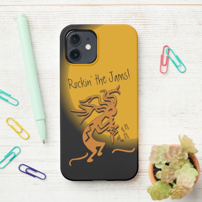 Funda Para iPhone Kokopelli con notas musicales (En el escritorio)