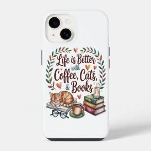 Funda Para iPhone 14 La vida es mejor con café gatos libros