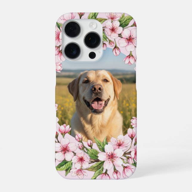 Funda Para iPhone Labrador custom photo with cherry blossom wreath (Reverso)