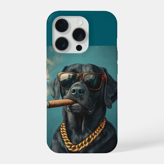 Funda Para iPhone Labrador Negro Malote con Cigarro y Cadena de Oro (Reverso )