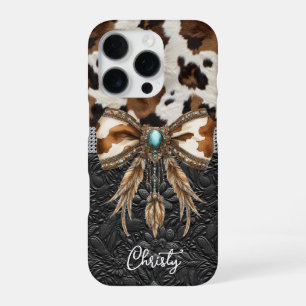Funda Para iPhone 16 Pro Lazo de joya de cuero negro de vaqueta