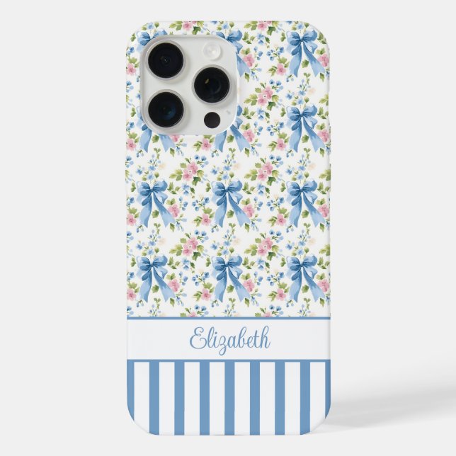 Funda Para iPhone Lazos Coquetos Azules Con Flores Monogramadas  (Reverso )