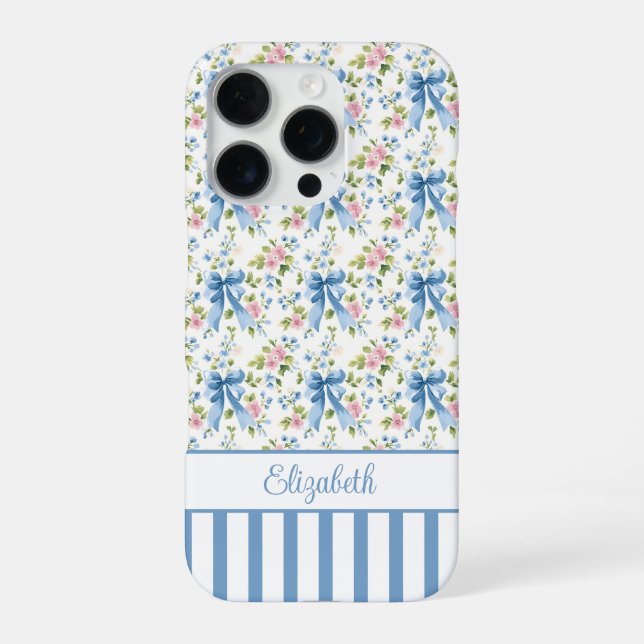 Funda Para iPhone Lazos Coquetos Azules Con Flores Monogramadas  (Reverso)