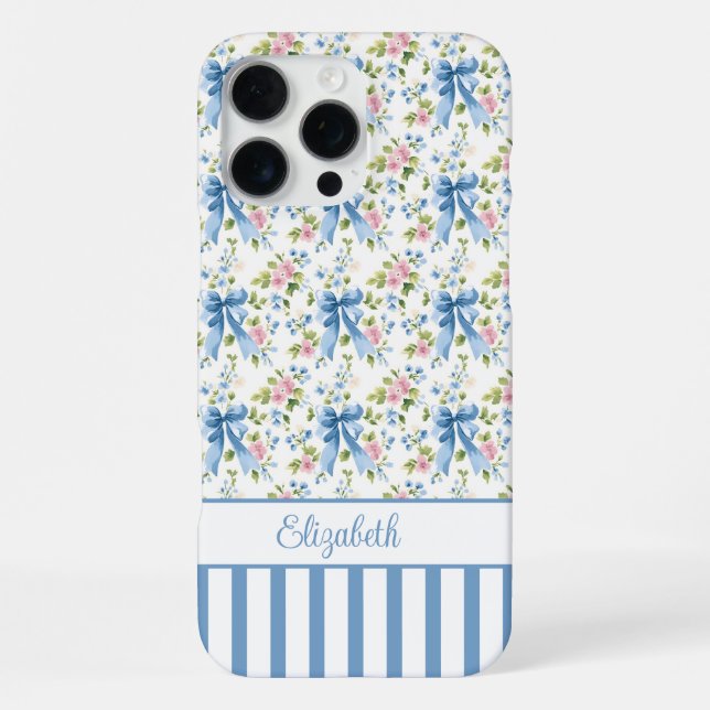 Funda Para iPhone Lazos Coquette Azules Con Flores Monogramadas  (Reverso )