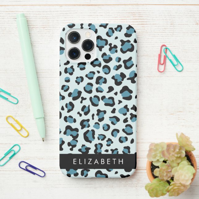 Funda Para iPhone Leopard Print, Spots, Blue Leopard, tu nombre (En el escritorio)