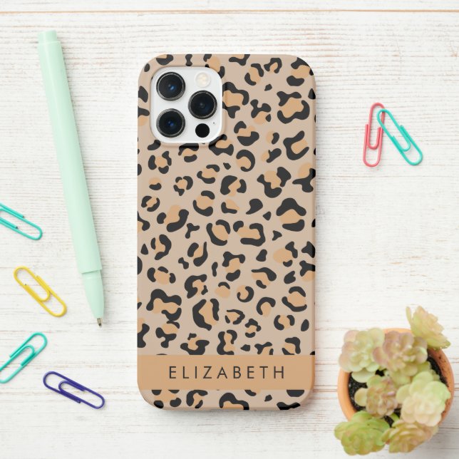 Funda Para iPhone Leopard Print, Spots, Brown Leopard, Tu Nombre (En el escritorio)