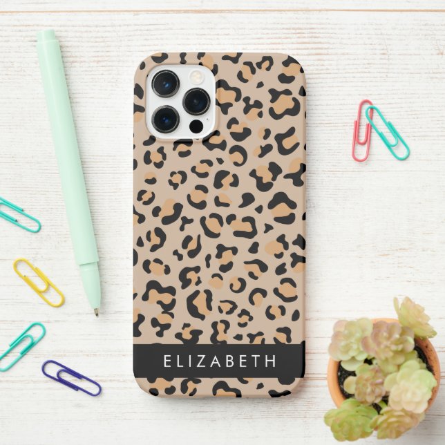 Funda Para iPhone Leopard Print, Spots, Brown Leopard, Tu Nombre (En el escritorio)