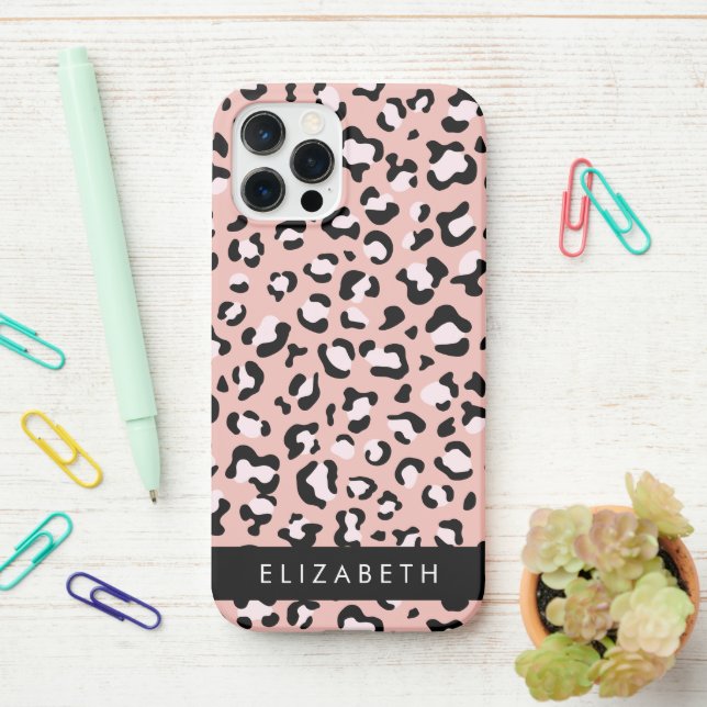 Funda Para iPhone Leopard Print, Spots, Pink Leopard, Tu Nombre (En el escritorio)