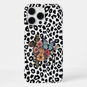 Funda Para iPhone 16 Pro Max Leopardo de las Nieves Cruz, Flores y Mariposas