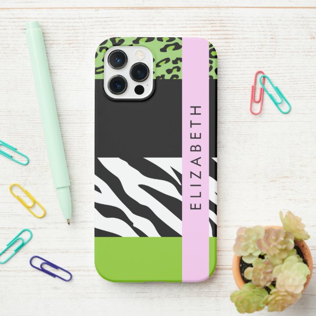 Funda Para iPhone Leopardo Print, Zebra Print, Green, Your Name (En el escritorio)