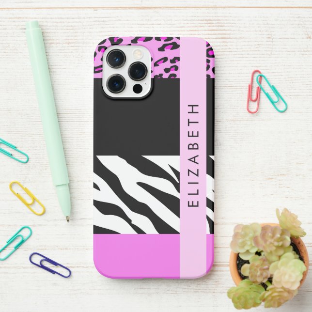 Funda Para iPhone Leopardo Print, Zebra Print, Pink, Your Name (En el escritorio)