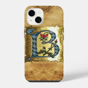 FUNDA PARA iPhone 14 LETRA B DE ORO AZUL CON MONOGRAMA DE FLORES