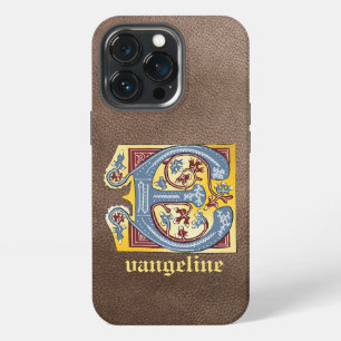 Funda Para iPhone 13 Pro Letra E iluminada con hiedra azul y roja medieval