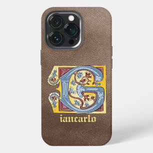 Funda Para iPhone 13 Pro Letra G Iluminada de Hiedra Azul y Rojo Medieval