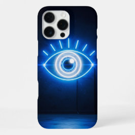 Funda Para iPhone 16 Pro Max Letrero de neón de ojo maligno azul en la oscurida