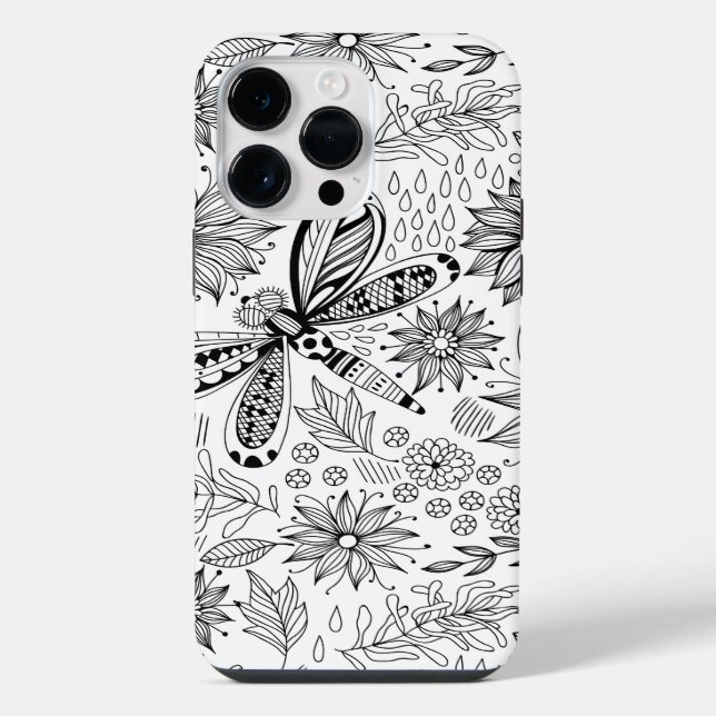 Funda Para iPhone Libélula y flores garabato (Reverso )