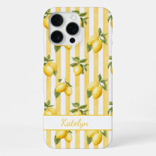 Funda Para iPhone 16 Pro Max Limones acuarela sobre rayas amarillas monogramada